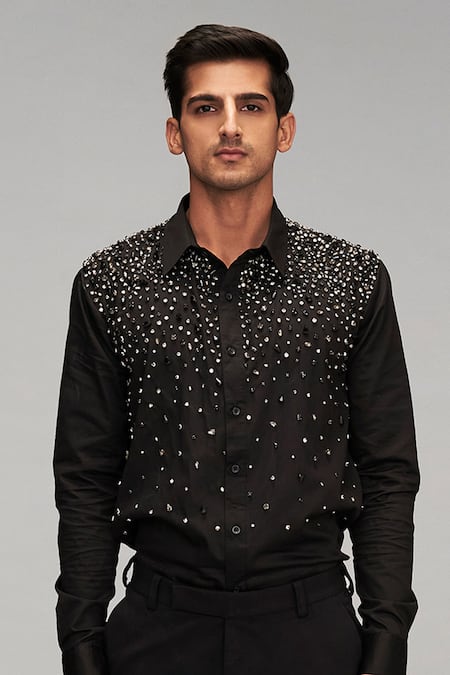 Siddartha Tytler_Black Cotton Satin Crystals Embellished Shirt _Online_at_Aza_Fashions