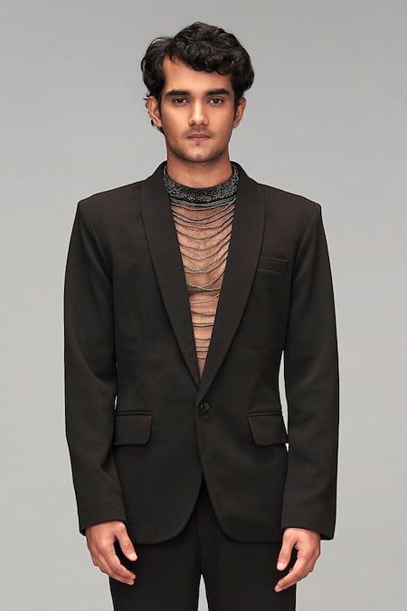 Siddartha Tytler_Black Kota Doria Textured Knitted Blazer With Pant _Online_at_Aza_Fashions