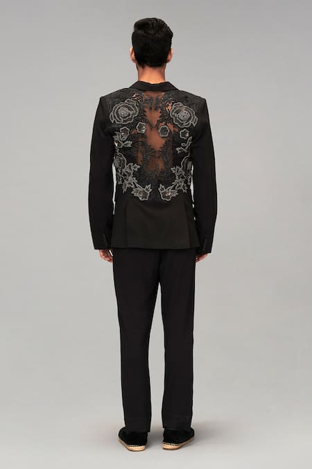 Shop Siddartha Tytler Black Cotton Embroidery Floral Blazer With Pant at Aza Fashions Shop_Siddartha Tytler_Black Cotton Embroidery Floral Blazer With Pant _at_Aza_Fashions