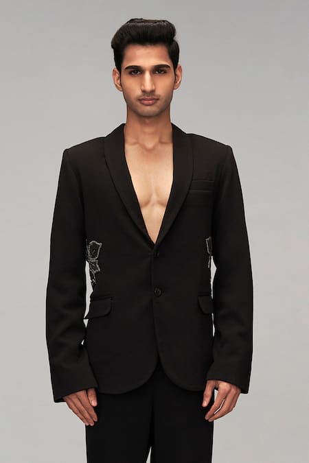 Siddartha Tytler Black Cotton Embroidery Floral Blazer With Pant Online at Aza Fashions Siddartha Tytler_Black Cotton Embroidery Floral Blazer With Pant _Online_at_Aza_Fashions