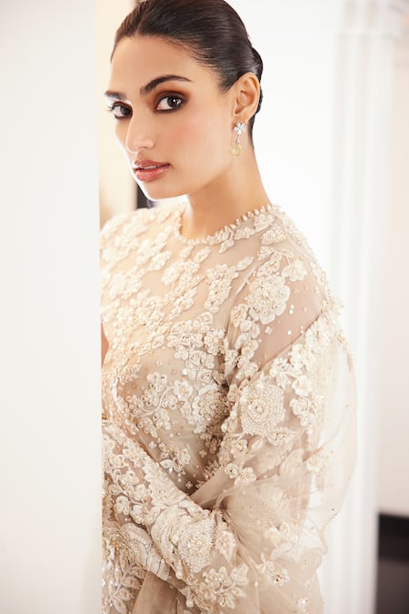 Buy Seema Gujral Beige Net Embroidered Floral Round Sheer Kurta Sharara Set Online at Aza Fashions Buy_Seema Gujral_Beige Net Embroidered Floral Round Sheer Kurta Sharara Set _Online_at_Aza_Fashions