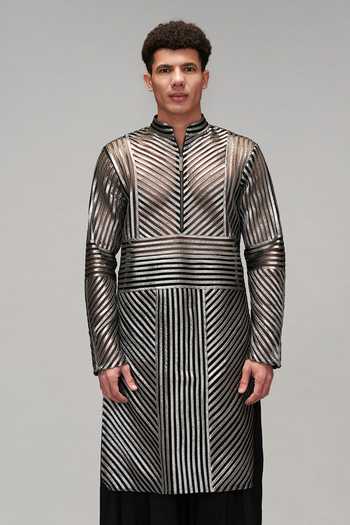 Siddartha Tytler Grey Net, Lace, Linen Embroidery Gunmetal Strip Work Kurta With Flared Pant Online at Aza Fashions Siddartha Tytler_Grey Net, Lace, Linen Embroidery Gunmetal Strip Work Kurta With Flared Pant _Online_at_Aza_Fashions