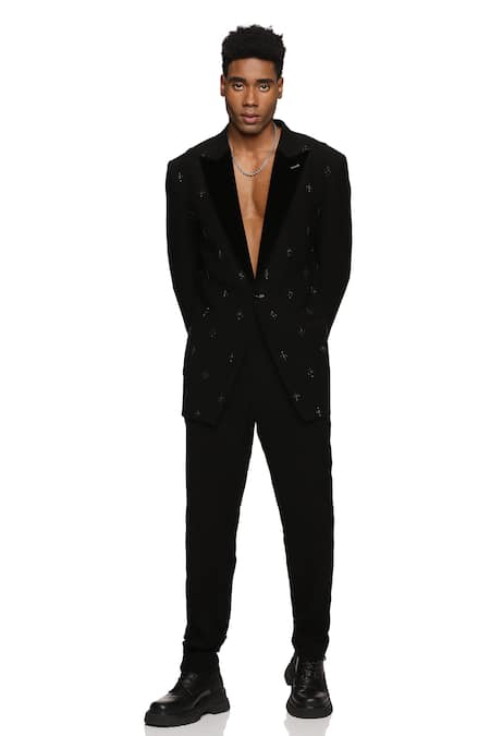 Paresh Lamba Signatures_Black Beads, Cut Work Embroidered Lapel Collar Jacket _Online_at_Aza_Fashions