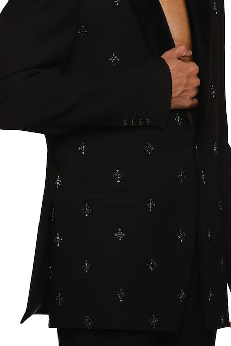 Shop_Paresh Lamba Signatures_Black Beads, Cut Work Embroidered Lapel Collar Jacket _Online_at_Aza_Fashions