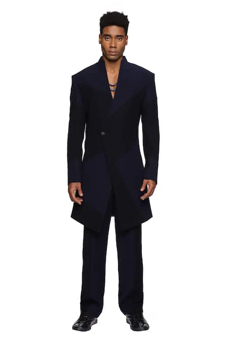 Paresh Lamba Signatures_Blue Cupro Plain Patch Work Panelled Jacket  _Online_at_Aza_Fashions