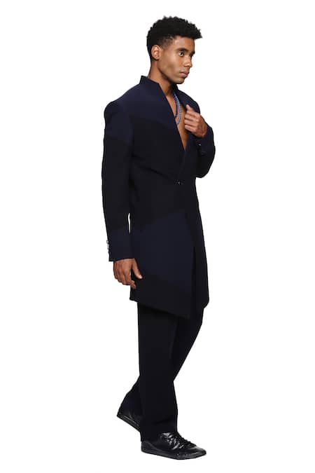 Buy_Paresh Lamba Signatures_Blue Cupro Plain Patch Work Panelled Jacket  _Online_at_Aza_Fashions