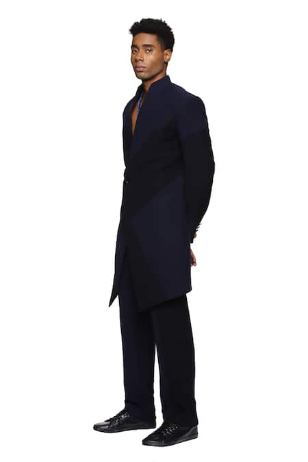 Shop_Paresh Lamba Signatures_Blue Cupro Plain Patch Work Panelled Jacket  _Online_at_Aza_Fashions