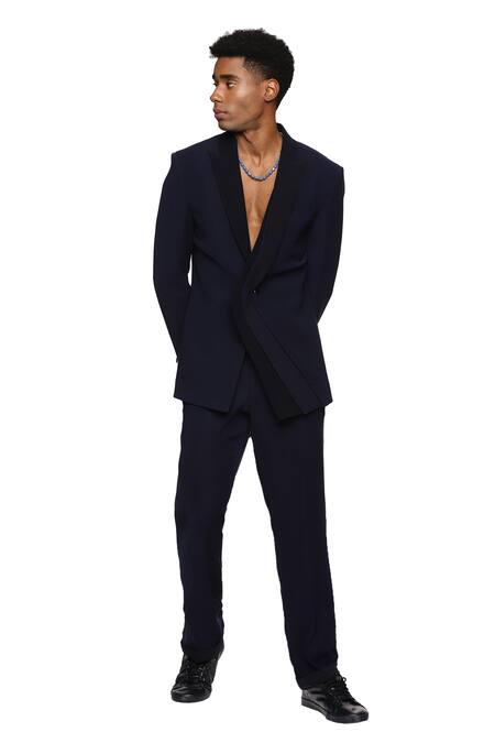 Paresh Lamba Signatures_Blue Cupro Plain Layered Lapel Collar Jacket  _Online_at_Aza_Fashions