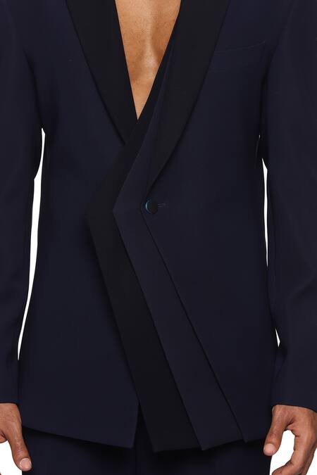 Paresh Lamba Signatures_Blue Cupro Plain Layered Lapel Collar Jacket  _at_Aza_Fashions