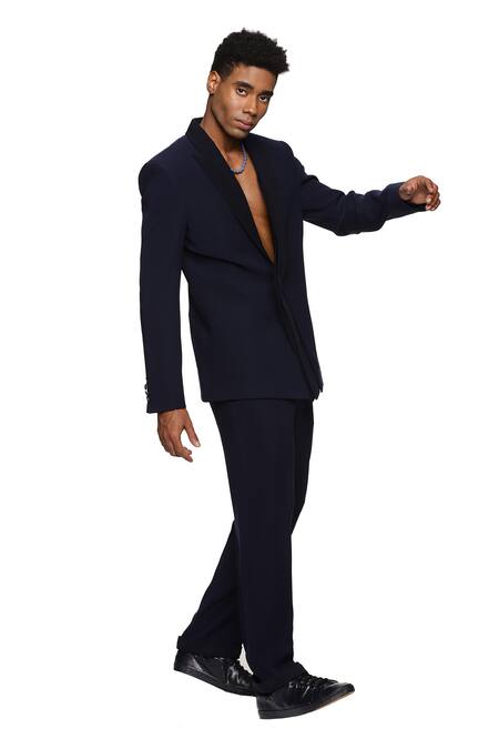 Buy_Paresh Lamba Signatures_Blue Cupro Plain Straight Fit Trouser  _Online_at_Aza_Fashions
