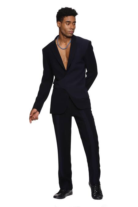 Paresh Lamba Signatures_Blue Cupro Plain Asymmetric Panelled Jacket  _Online_at_Aza_Fashions