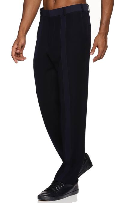 Paresh Lamba Signatures_Blue Cupro Plain Striped Patch Work Trouser  _Online_at_Aza_Fashions