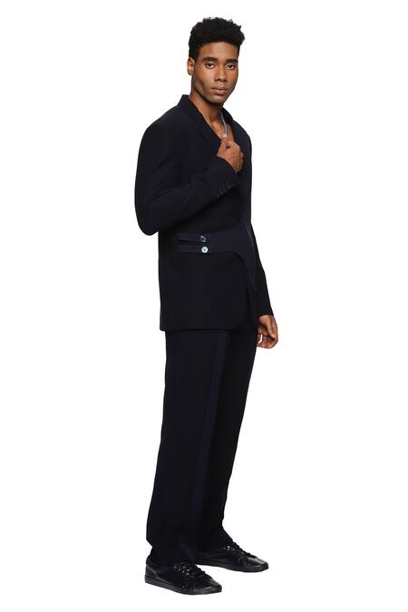 Buy_Paresh Lamba Signatures_Blue Cupro Plain Striped Patch Work Trouser  _Online_at_Aza_Fashions