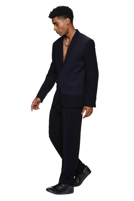 Shop_Paresh Lamba Signatures_Blue Cupro Plain Striped Patch Work Trouser  _Online_at_Aza_Fashions