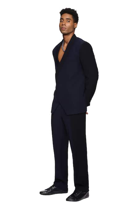Shop_Paresh Lamba Signatures_Blue Cupro Plain Asymmetric Panelled Lapel Collar Jacket  _Online_at_Aza_Fashions