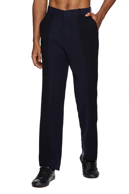Paresh Lamba Signatures_Blue Cupro Plain Color Block Patch Work Trouser  _Online_at_Aza_Fashions