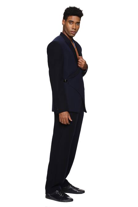 Shop_Paresh Lamba Signatures_Blue Cupro Plain Color Block Patch Work Trouser  _Online_at_Aza_Fashions