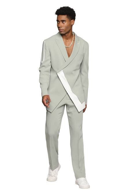 Buy_Paresh Lamba Signatures_Green Cupro Plain Lapel Collar Asymmetric Panelled Jacket  _Online_at_Aza_Fashions