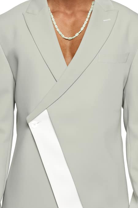 Paresh Lamba Signatures_Green Cupro Plain Lapel Collar Asymmetric Panelled Jacket  _at_Aza_Fashions