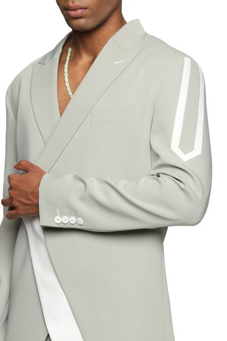 Buy_Paresh Lamba Signatures_Green Cupro Plain Lapel Collar Asymmetric Panelled Jacket  