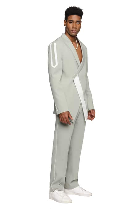 Shop_Paresh Lamba Signatures_Green Cupro Plain Color Block Patch Work Trouser _Online_at_Aza_Fashions