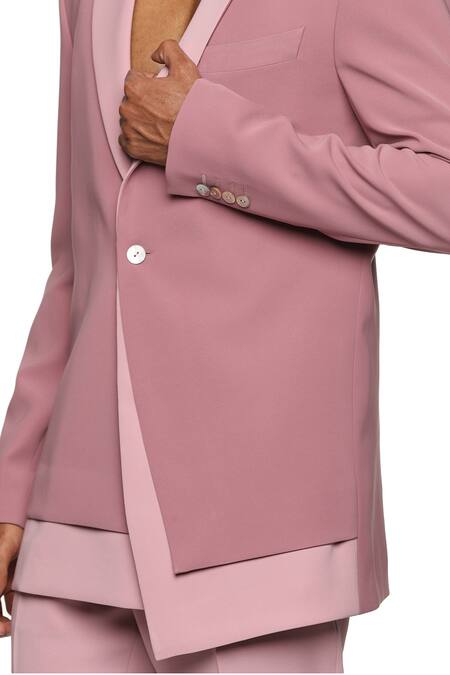 Shop_Paresh Lamba Signatures_Pink Cupro Plain Notched Lapel Collar Asymmetric Jacket  _Online_at_Aza_Fashions