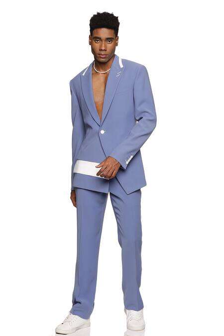 Buy_Paresh Lamba Signatures_Blue Cupro Plain Straight Fit Trouser  _Online_at_Aza_Fashions