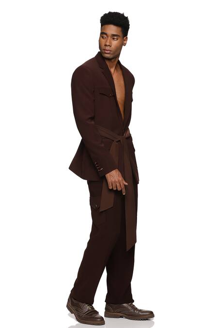 Paresh Lamba Signatures_Brown Cupro Plain Notched Lapel Collar Jacket  _Online_at_Aza_Fashions