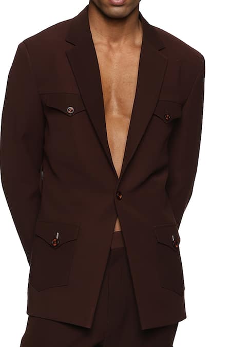 Paresh Lamba Signatures_Brown Cupro Plain Notched Lapel Collar Jacket  _at_Aza_Fashions