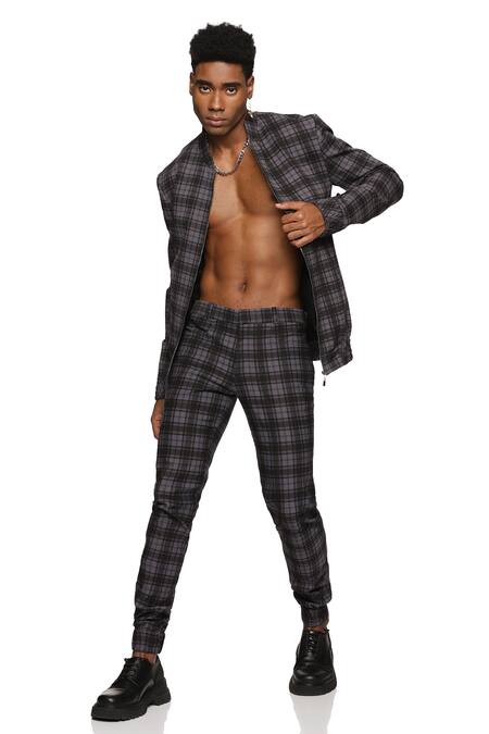 Buy_Paresh Lamba Signatures_Grey Cotton Checkered Bomber Jacket And Pant Set _Online_at_Aza_Fashions