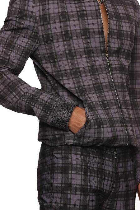Shop_Paresh Lamba Signatures_Grey Cotton Checkered Bomber Jacket And Pant Set _Online_at_Aza_Fashions