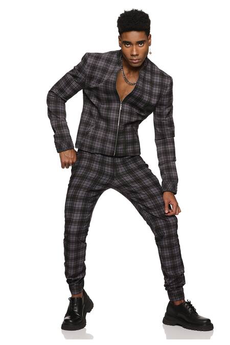 Paresh Lamba Signatures_Grey Cotton Checkered Bomber Jacket And Pant Set _at_Aza_Fashions