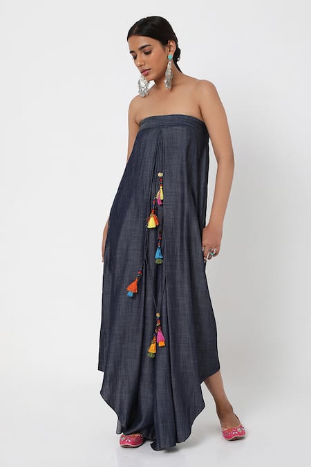 Style Junkiie_Blue Denim Tassels Off-shoulder Jumpsuit _Online_at_Aza_Fashions