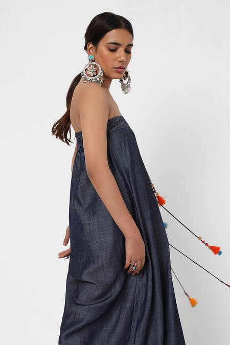 Buy_Style Junkiie_Blue Denim Tassels Off-shoulder Jumpsuit _Online_at_Aza_Fashions