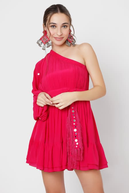 Buy_Style Junkiie_Pink Crepe Mirrors Asymmetric One Shoulder Fit And Flared Dress _Online_at_Aza_Fashions