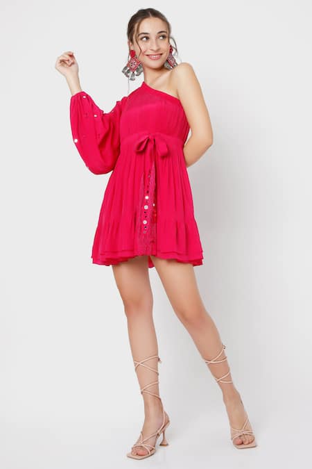 Shop_Style Junkiie_Pink Crepe Mirrors Asymmetric One Shoulder Fit And Flared Dress _Online_at_Aza_Fashions