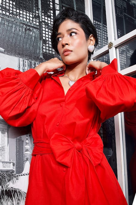 Style Junkiie_Red Cotton, Poplin Collared Bow Tie-up Shirt Dress _Online_at_Aza_Fashions