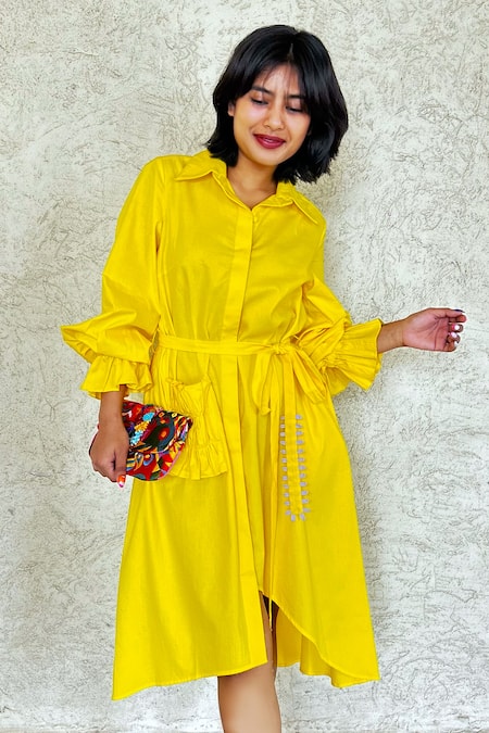 Style Junkiie Yellow Cotton Poplin Plain Spread Circular Flounce Sleeve Shirt Dress 