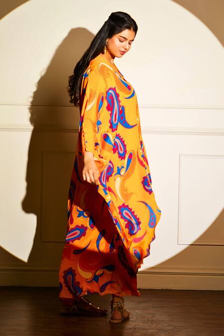 Style Junkiie_Yellow Crepe Viscose Print Mango Paisley Pant _Online_at_Aza_Fashions