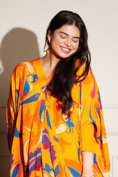 Shop_Style Junkiie_Yellow Crepe Viscose Print Mango Paisley Pant _Online_at_Aza_Fashions