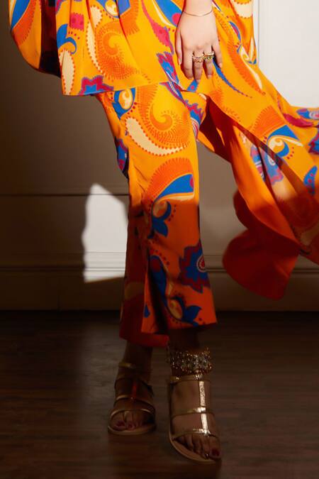 Style Junkiie_Yellow Crepe Viscose Print Mango Paisley Pant _at_Aza_Fashions