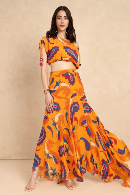 Style Junkiie Yellow Crepe Viscose Print Mango Paisley Skirt 