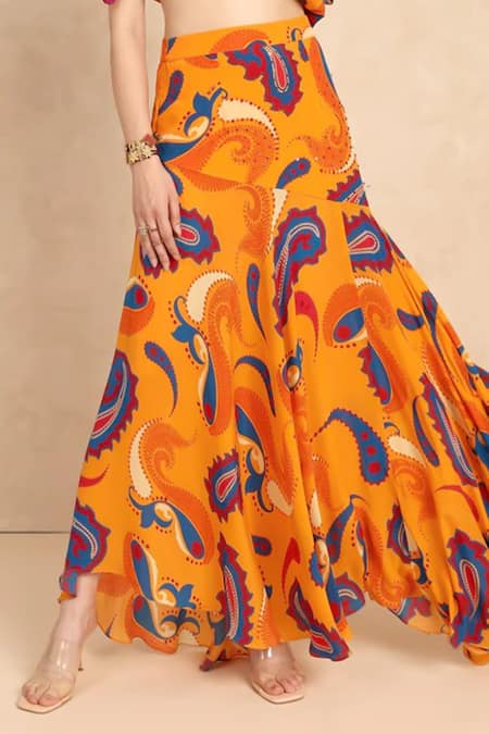 Style Junkiie_Yellow Crepe, Viscose Mango Paisley Print Skirt _Online_at_Aza_Fashions