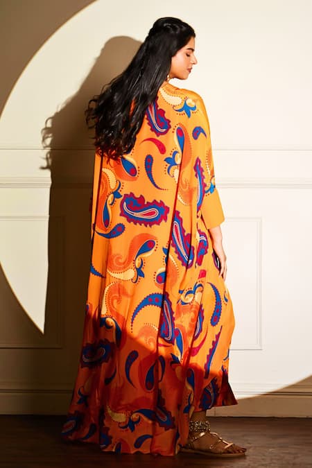 Shop Style Junkiie Yellow V-neck Asymmetric Mango Paisley Kaftan Set at Aza Fashions Shop_Style Junkiie_Yellow V-neck Asymmetric Mango Paisley Kaftan Set _at_Aza_Fashions