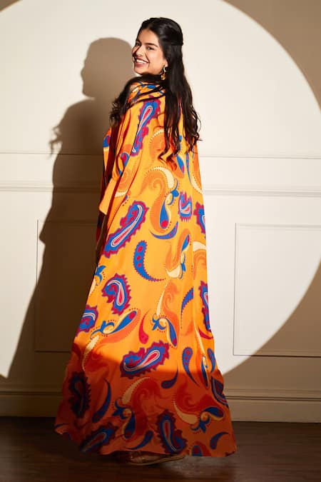 Style Junkiie Yellow V-neck Asymmetric Mango Paisley Kaftan Set Online at Aza Fashions Style Junkiie_Yellow V-neck Asymmetric Mango Paisley Kaftan Set _Online_at_Aza_Fashions