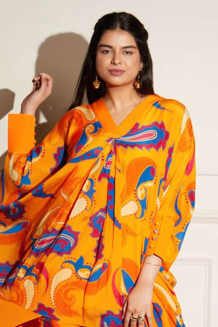 Shop Style Junkiie Yellow V-neck Asymmetric Mango Paisley Kaftan Set Online at Aza Fashions Shop_Style Junkiie_Yellow V-neck Asymmetric Mango Paisley Kaftan Set _Online_at_Aza_Fashions