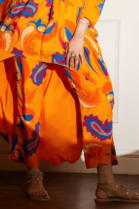 Style Junkiie Yellow V-neck Asymmetric Mango Paisley Kaftan Set at Aza Fashions Style Junkiie_Yellow V-neck Asymmetric Mango Paisley Kaftan Set _at_Aza_Fashions