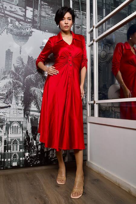 Buy_Style Junkiie_Red Satin Collared Cinched Dress _Online_at_Aza_Fashions