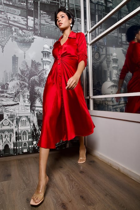 Shop_Style Junkiie_Red Satin Collared Cinched Dress _Online_at_Aza_Fashions