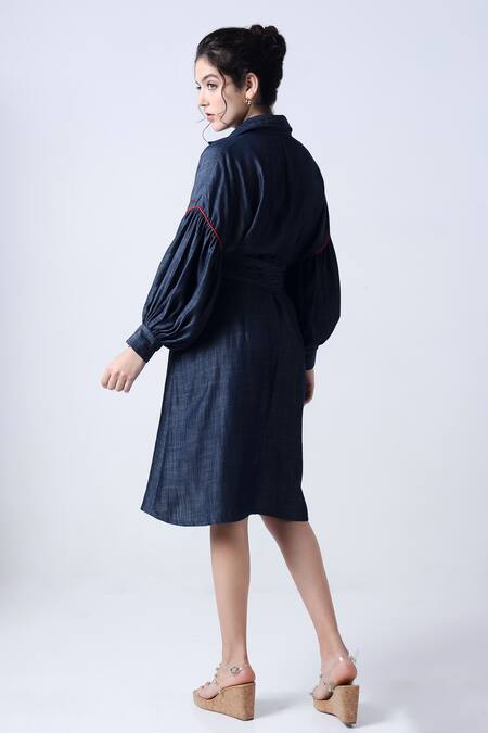 Shop_Style Junkiie_Blue Cotton, Poplin Collared Plain Bow Tie-up Shirt Dress _at_Aza_Fashions
